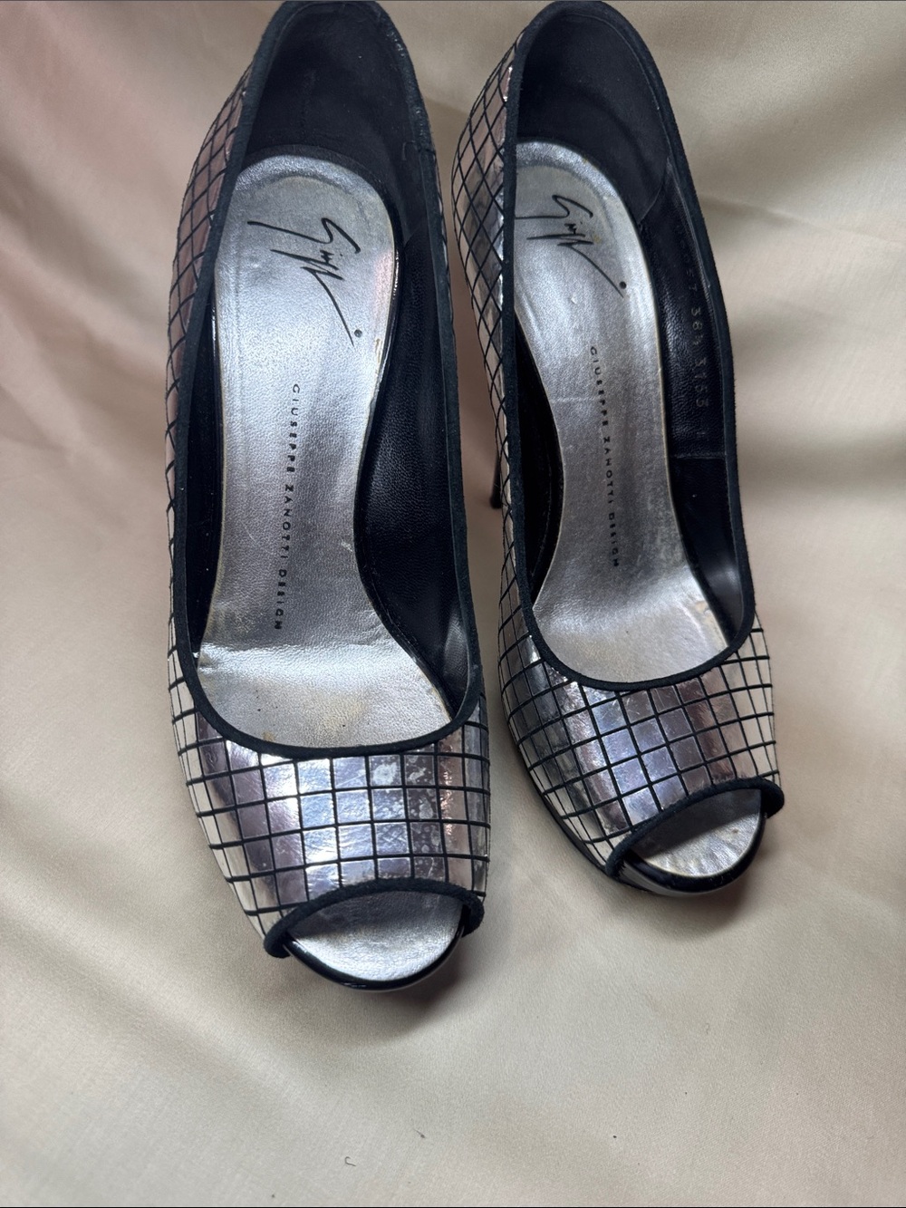 Giuseppe Zanotti Silver Mosaic Open-Toe Pumps